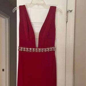 Jovani Red V-Neck Prom Dress with Embellished Waist